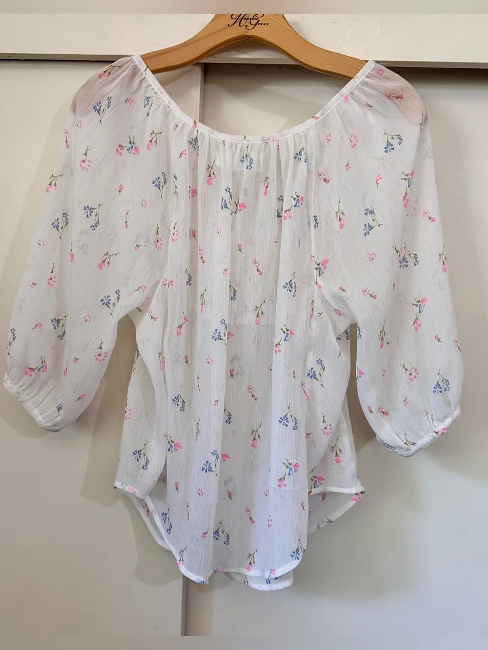 Abercrombie & Fitch Vintage Peasant baby doll sheer White Blouse,pink roses